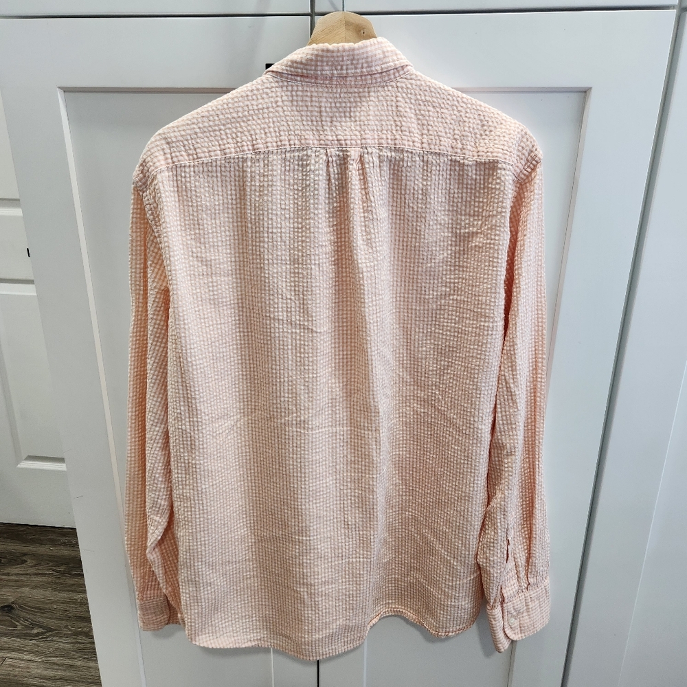 J Crew Slim Seersucker Button Down Shirt Orange Gingham Organic Cotton Large - Picture 8 of 8